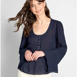 ModCloth Bells and Giggles Navy Blue Bell Sleeve Rayon Blouse NWT 70s Boho Small